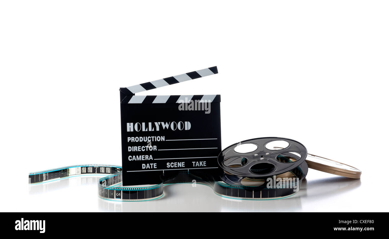 Hollywood movie items on a white background, including a movie clapboard, film  reel, film containers or tins and film Stock Photo - Alamy