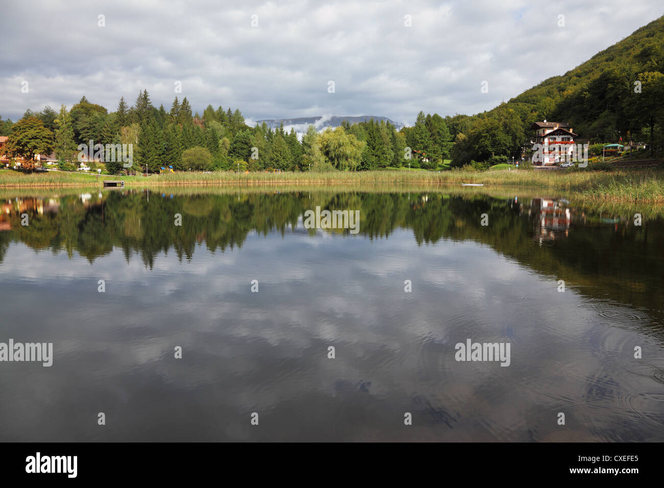 Cloudy sky reflected in small lake Stock Photo - Alamy