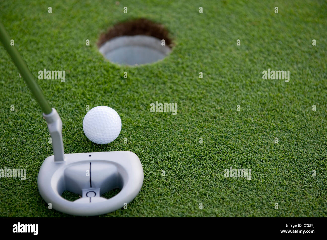 A very short putt in the game of golf on a putting green at a golf course with copy space Stock Photo