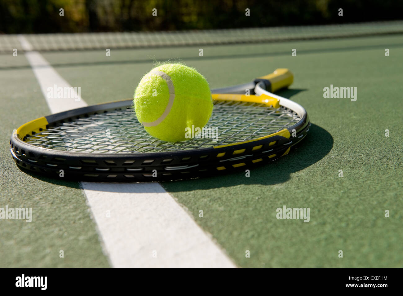 A tennis ball and racket on a white background Stock Photo