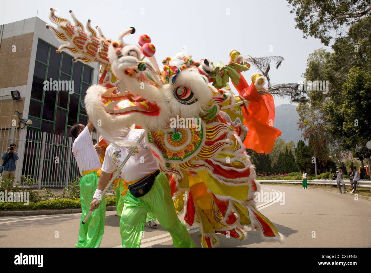 Traditional Chinese Dragon Dance on Lantau Island, Hong Kong, China Stock Photo