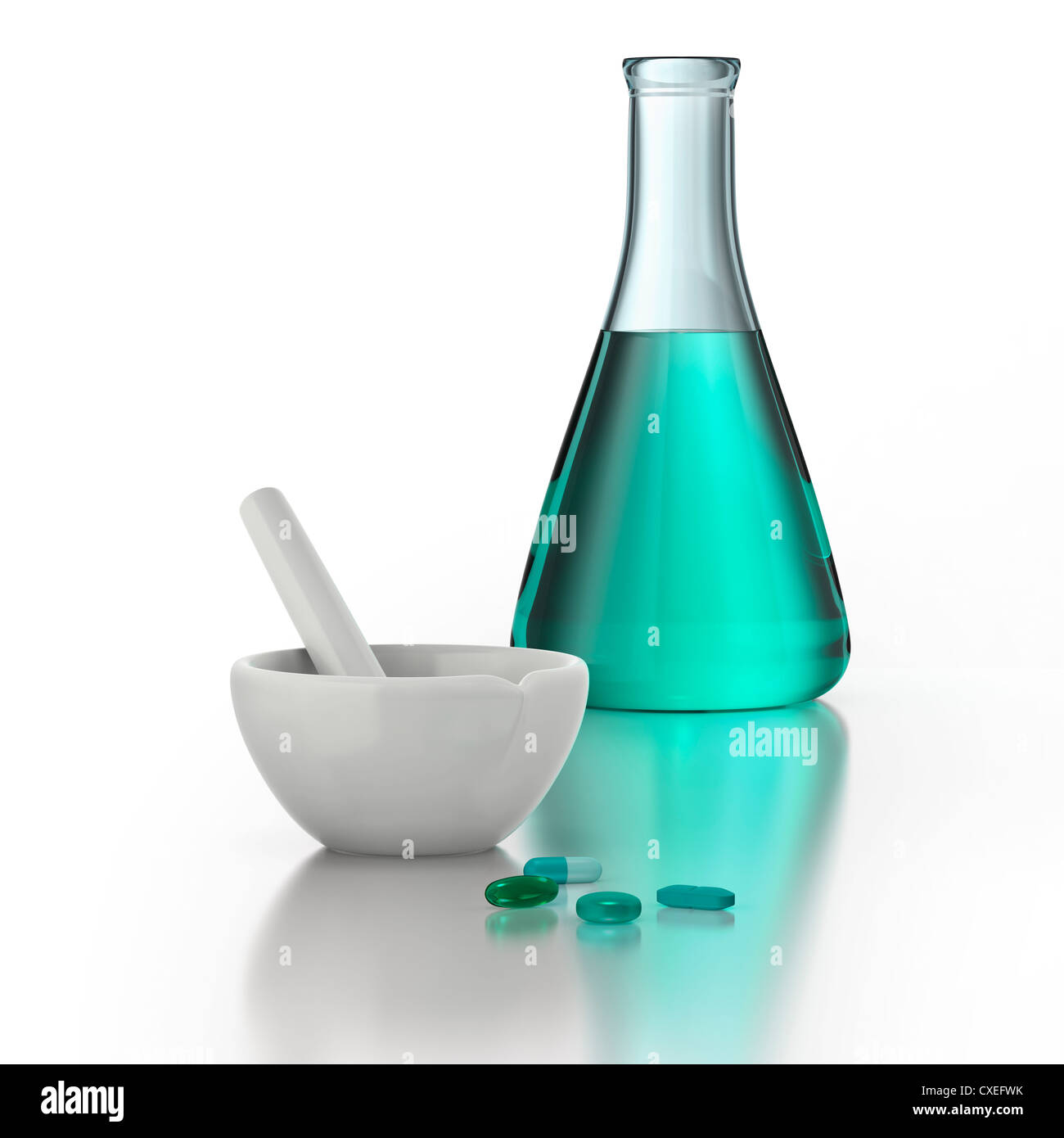 Mortar and pestle, chemistry beaker and medicine pills on white background Stock Photo Alamy