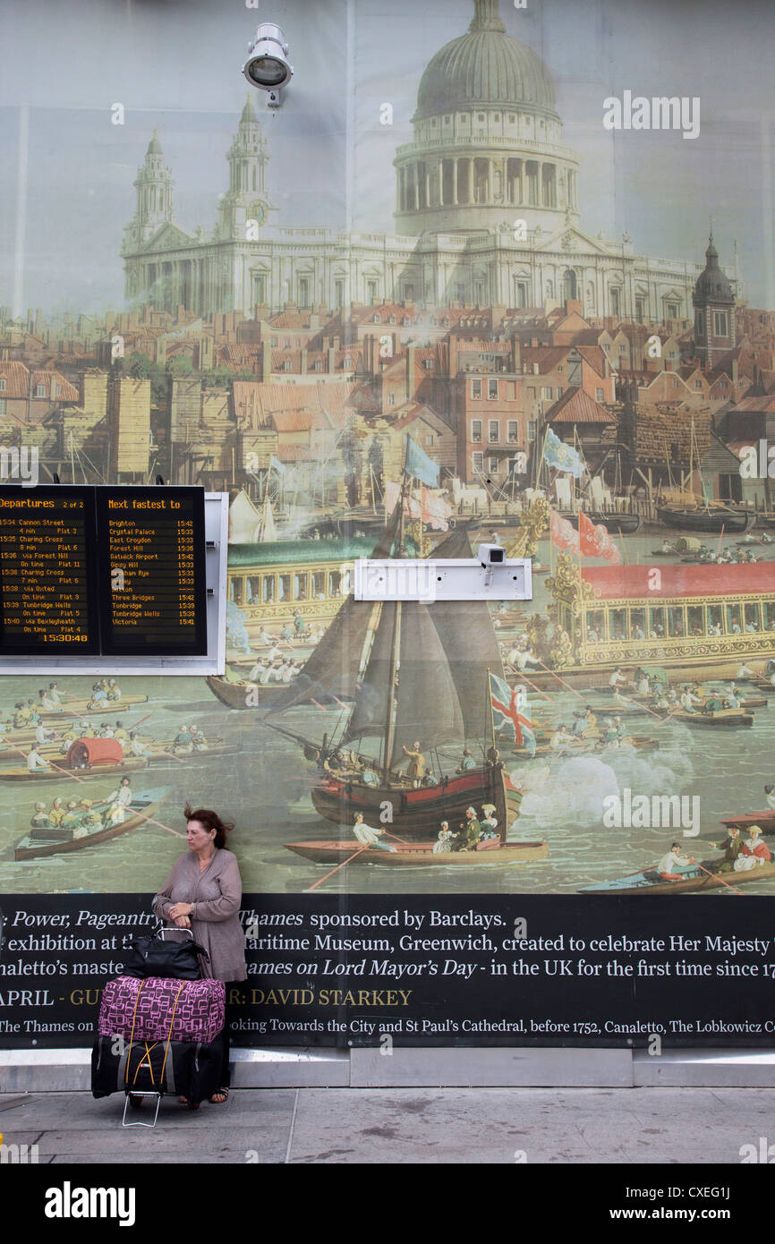 Old master Canaletto painting hoarding with CCTV cameras. London, UK. Stock Photo