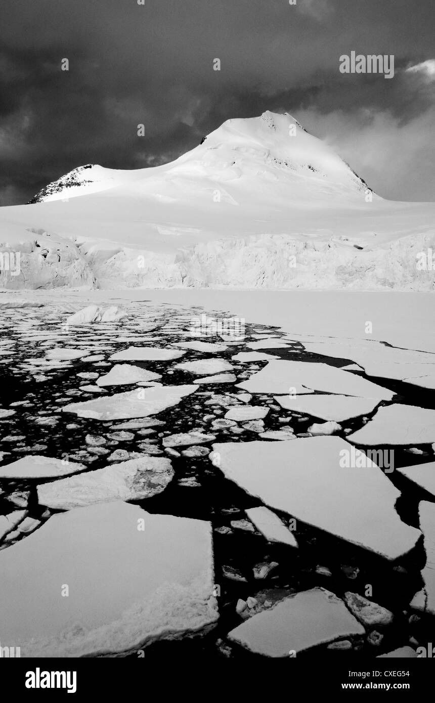 Mountains and glaciers, Port Lockroy area, Antarctic Peninsula, Black and white conversion Stock Photo