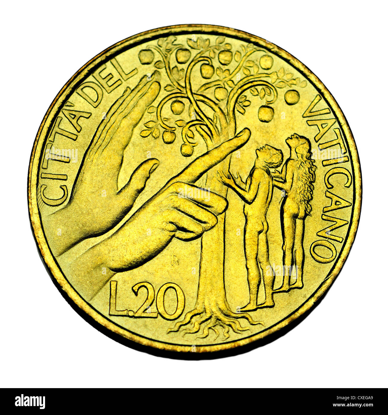 20L coin from Vatican City (1988). God forbidding Adam and Eve from eating the forbidden fruit Stock Photo