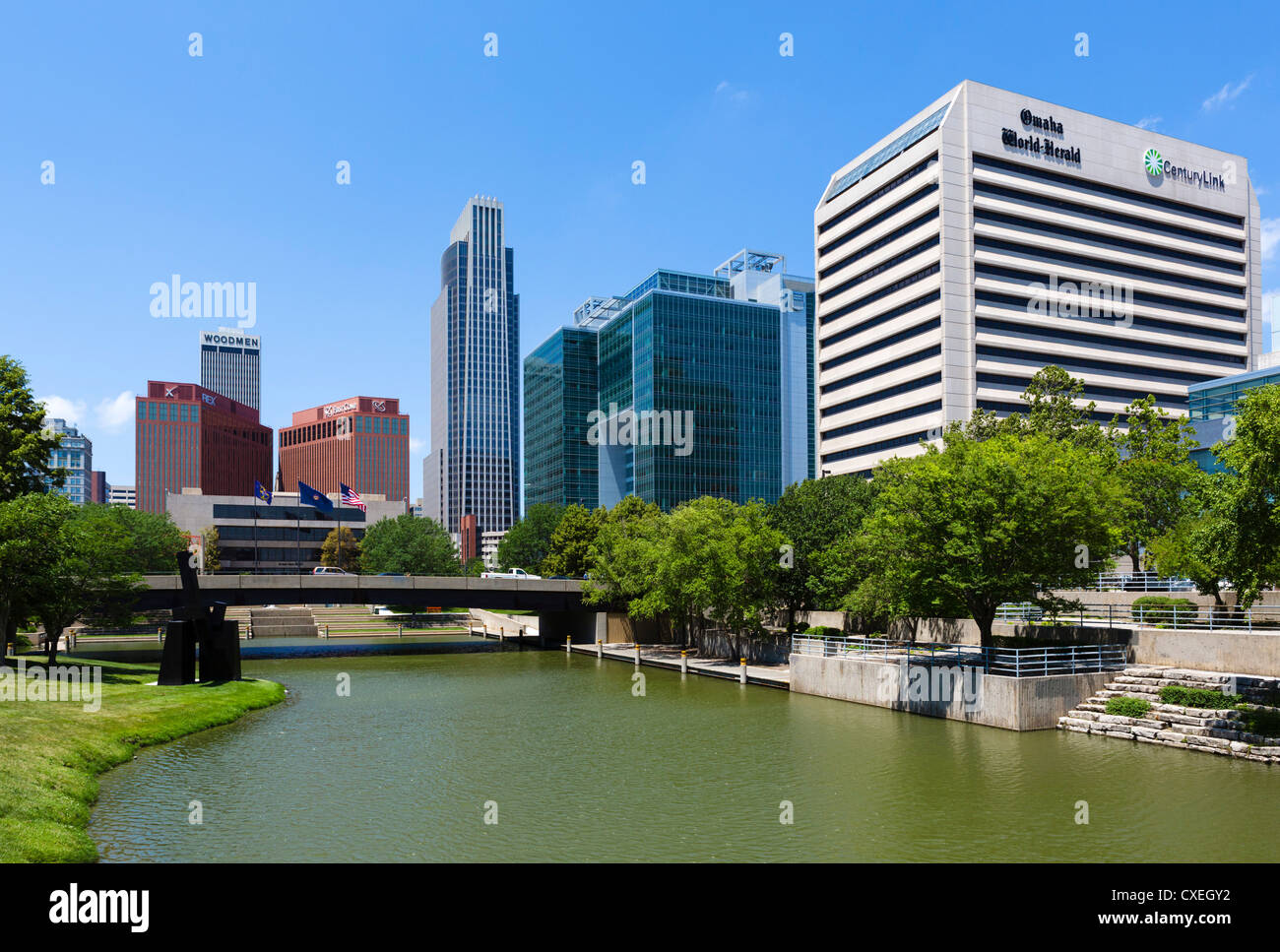The city skyline from Gene Leahy Mall (also known as Central Park), Omaha, Nebraska, USA Stock Photo