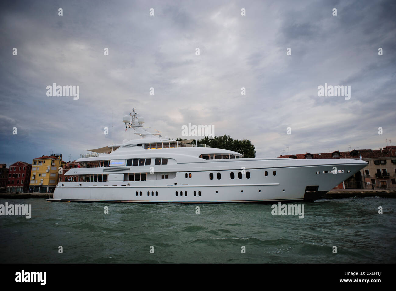 Luxury Super Yacht Arkley moored at the Waterfront of Venice, Italy. Stock Photo