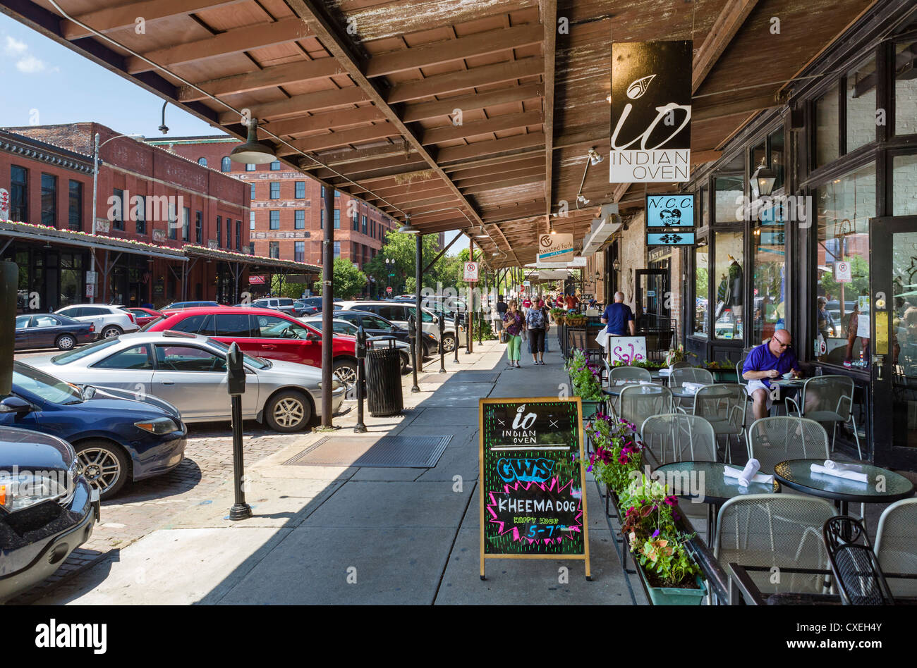 Indian restaurant and shops on Howard Street in the historic Old Market district, Omaha, Nebraska, USA Stock Photo