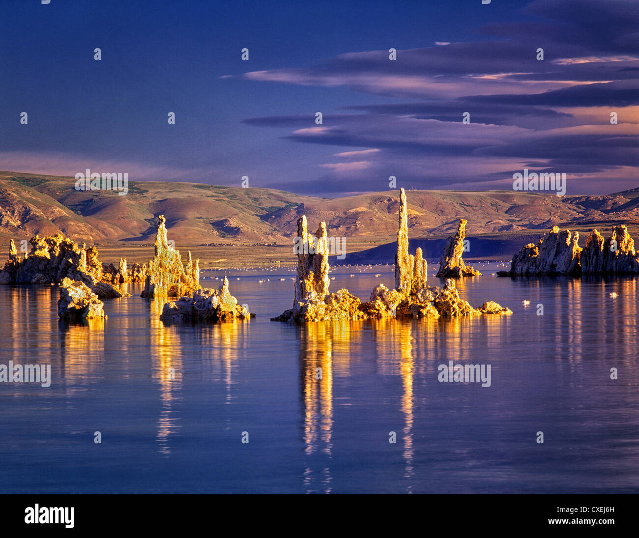 Reflection of tall, thin tufa in Mono Lake. California. Stock Photo