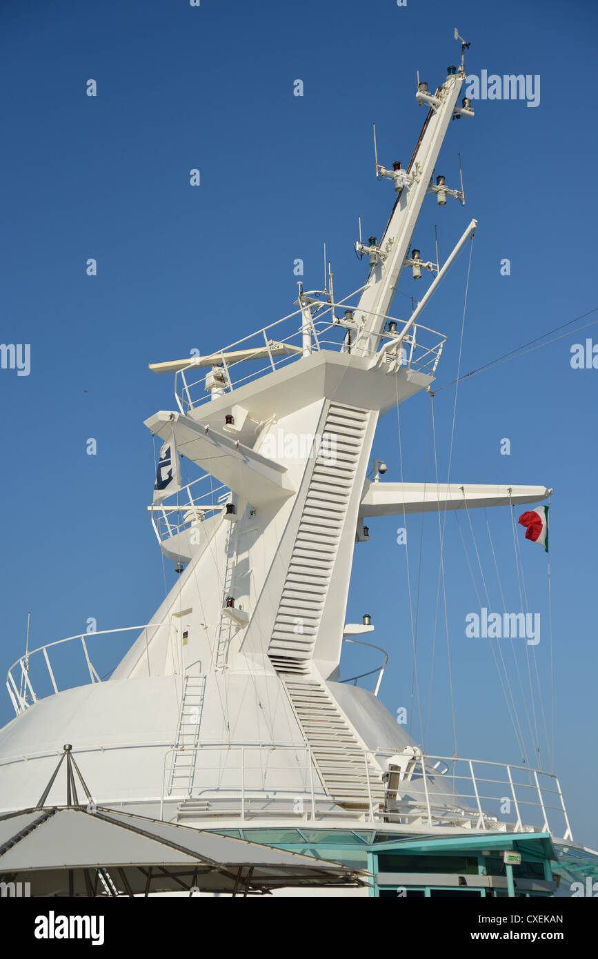 Navigation mast of MSC Cruises cruise ship docked at Venice Cruise Terminal, Venice, Venice Province, Veneto Region, Italy Stock Photo