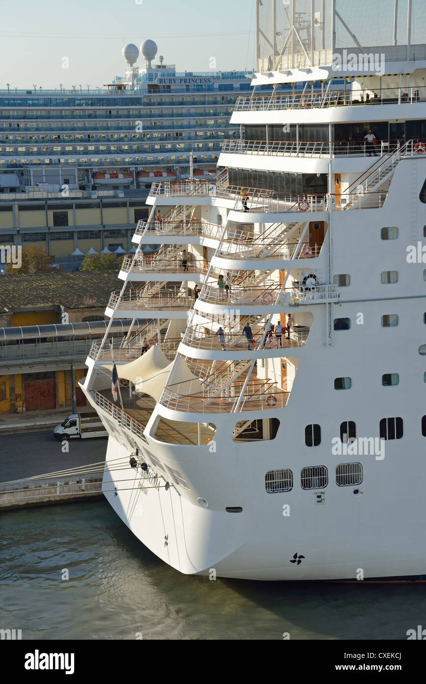 Bow of MSC Cruises cruise ship docked at Venice Cruise Terminal, Venice, Venice Province, Veneto Region, Italy Stock Photo