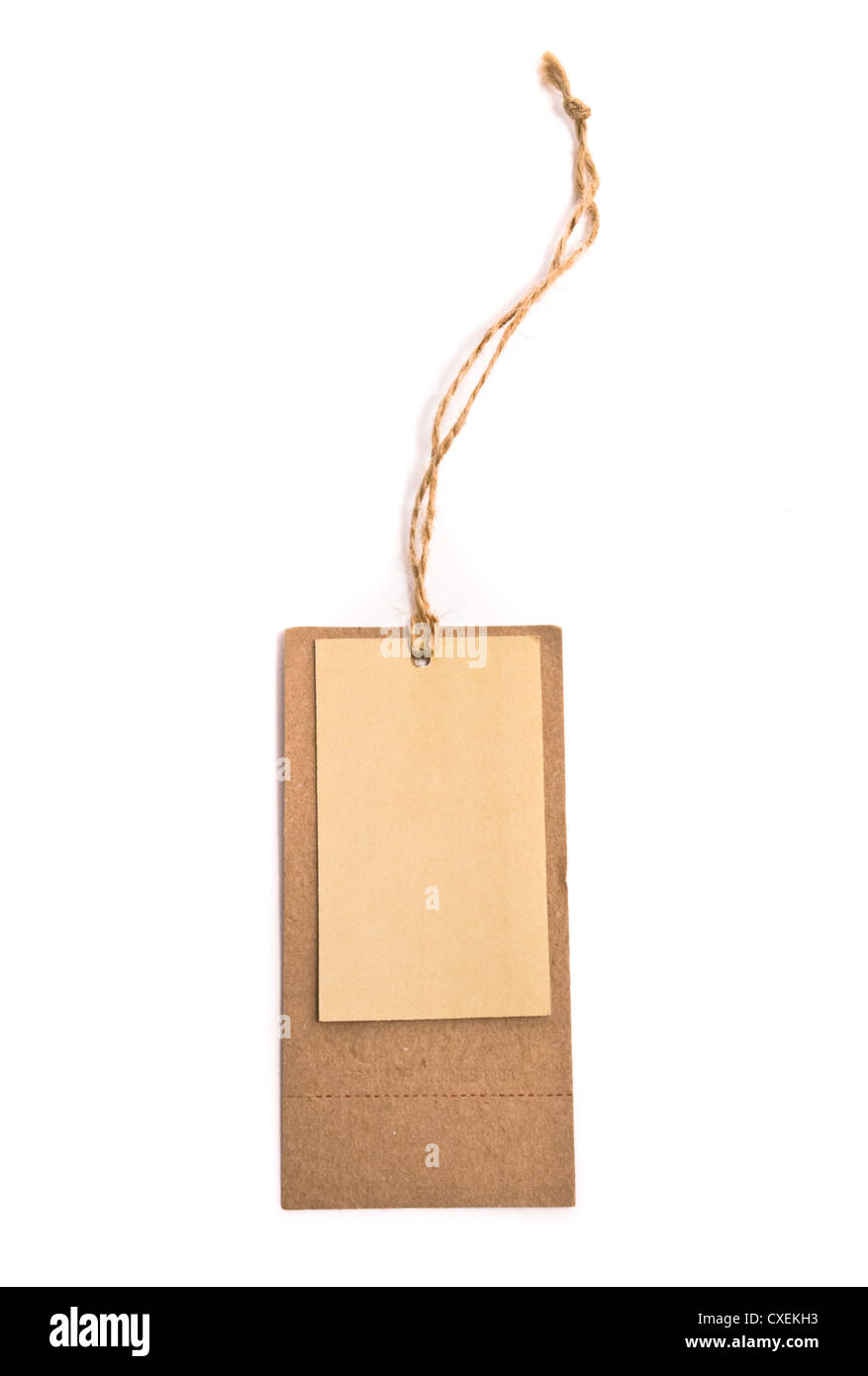 Blank tag tied with brown string. Stock Photo