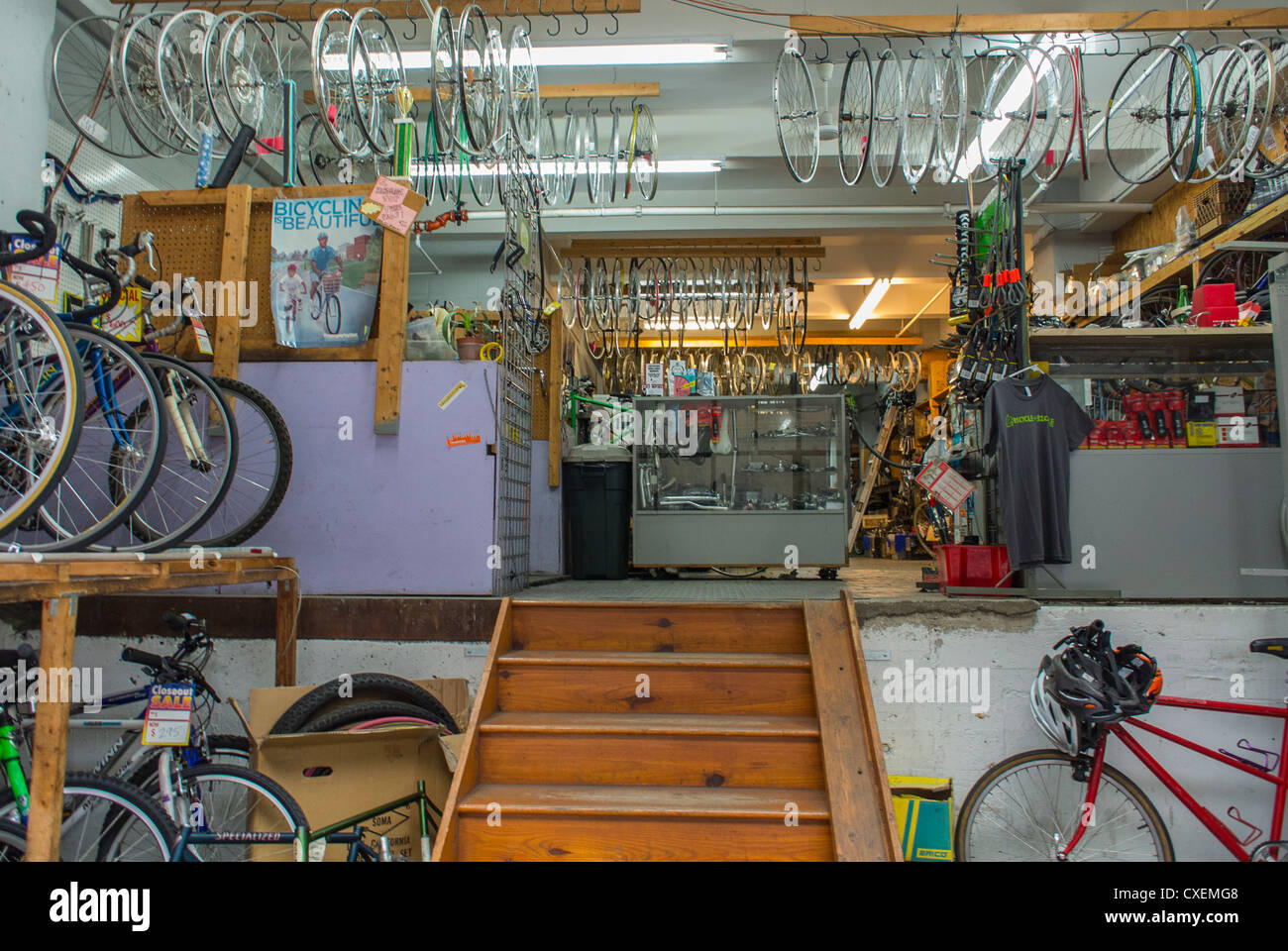 New York City NY USA View Inside cycling urban shops Shopping Used Bicycles Shop Recycle a Bicycle