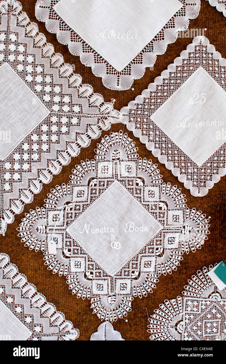 Intricate lace square with nuestra Boda embroidered in the centre. Camariñas, Galicia, Spain. Stock Photo