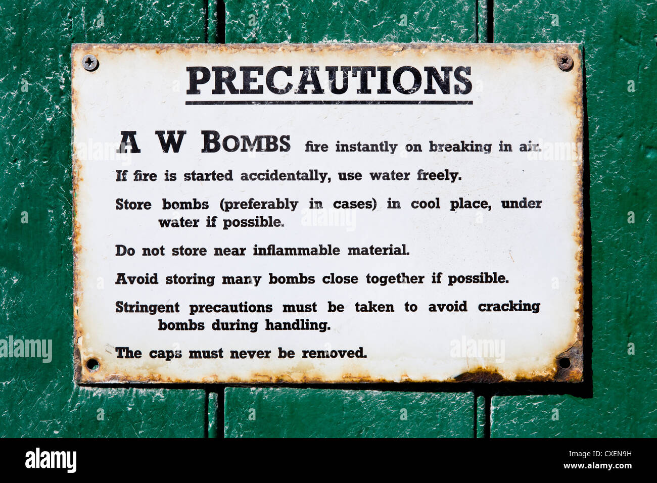 The Albright and Wilson of Oldbury bomb makers sign, hence AW. WW2 sign normally attached to the lid of munitions boxes. Stock Photo