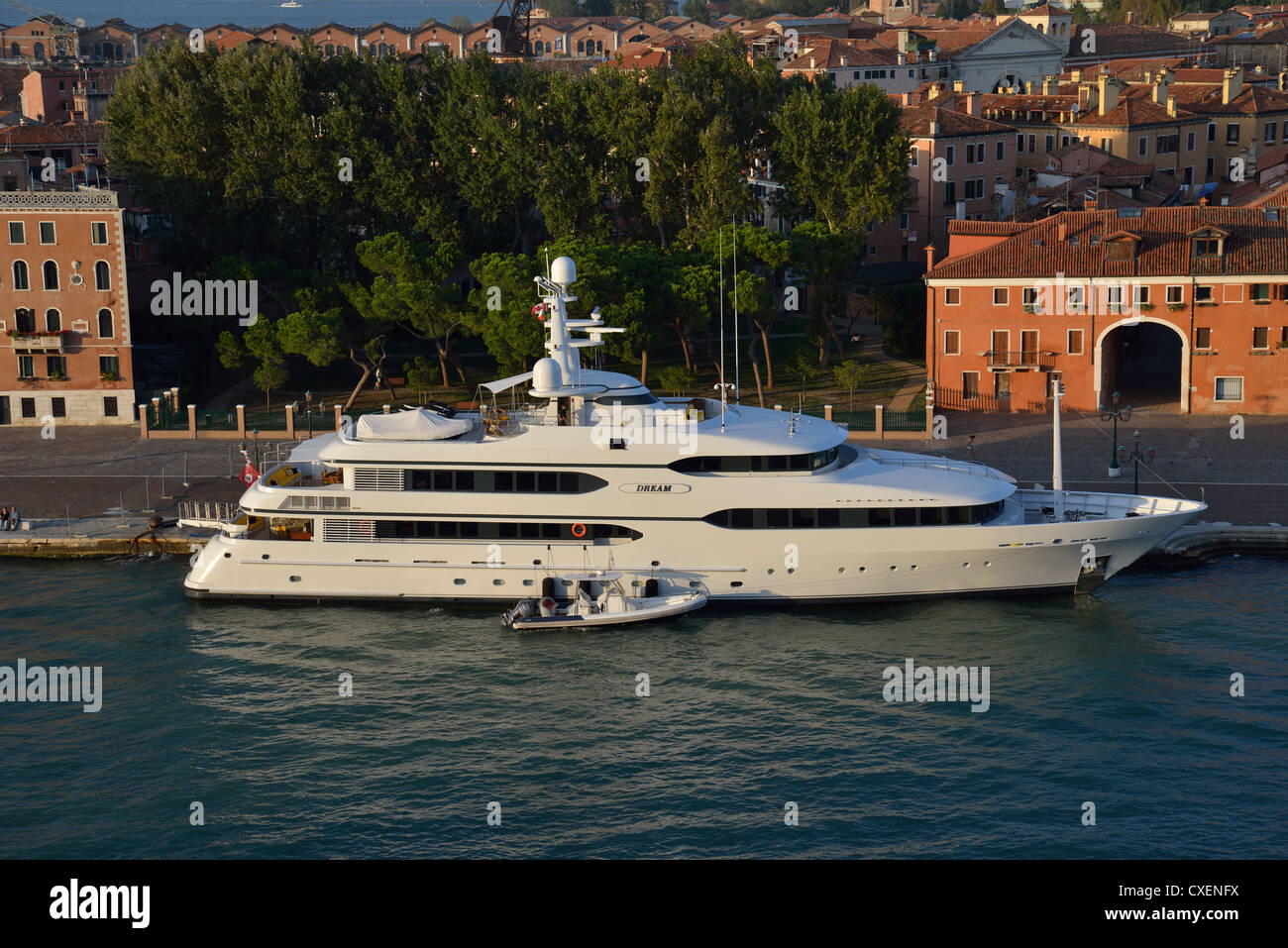 View of luxury yacht on Grand Canal from cruise ship, Venice, Venice Province, Veneto Region, Italy Stock Photo