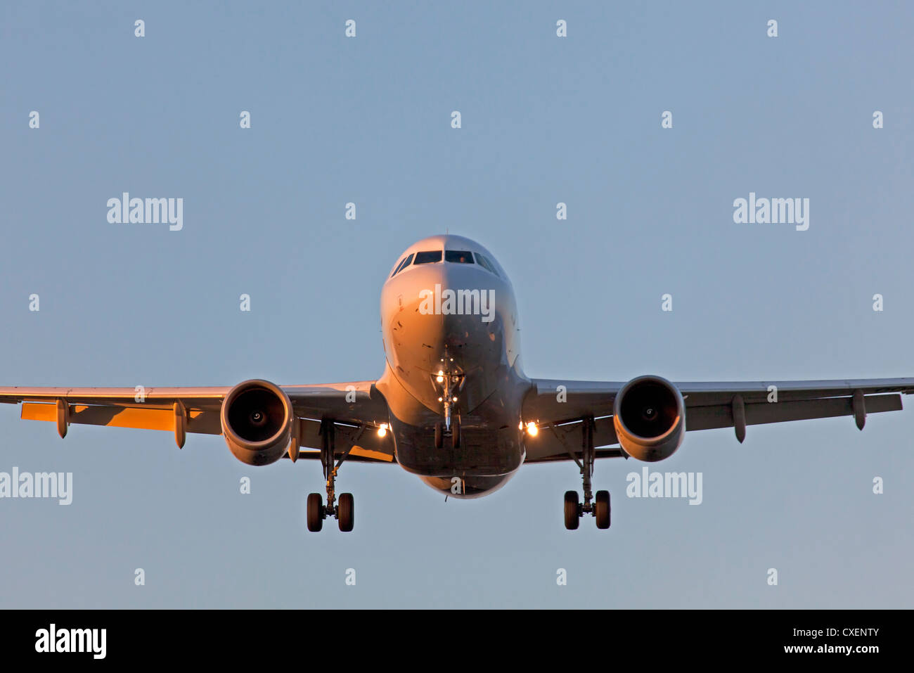Front of a landing airplane Stock Photo