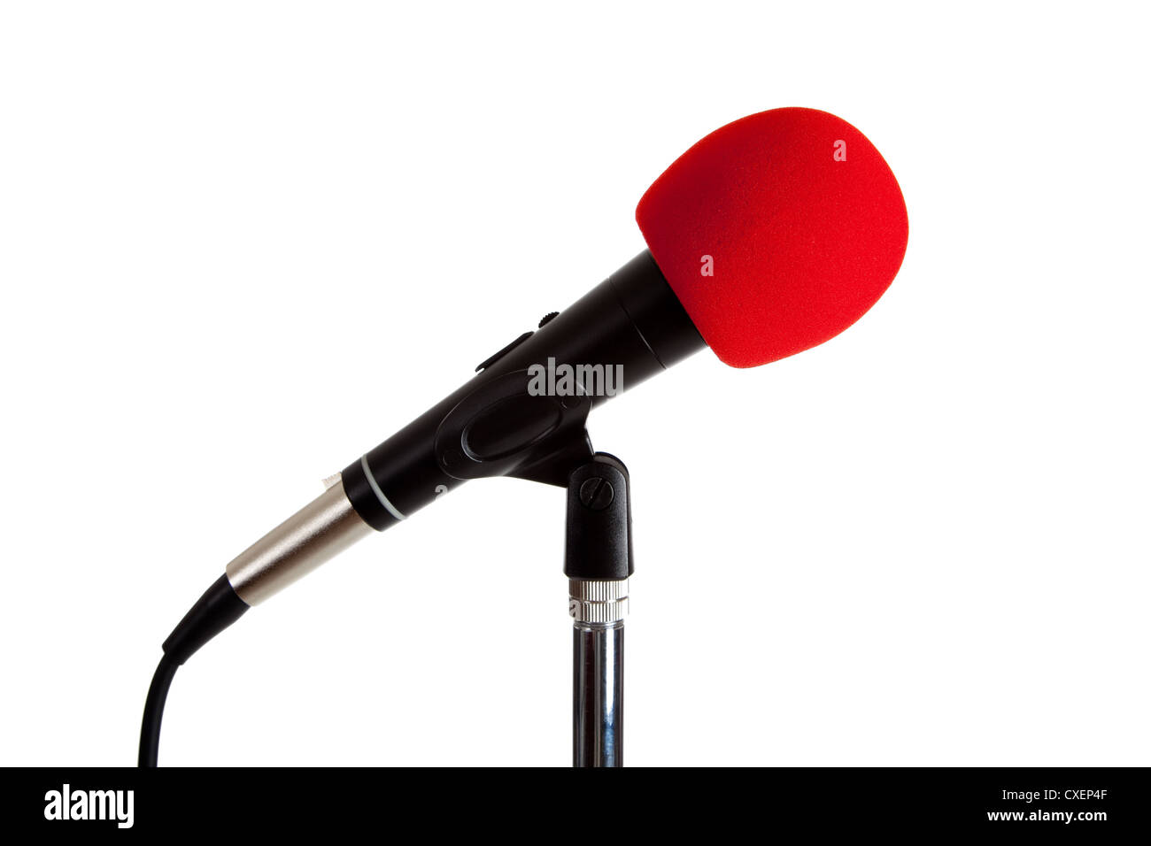 Microphone on a stand with a red cover on a white background Stock