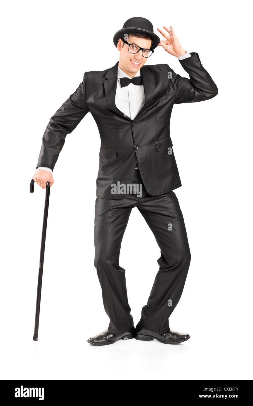 Full length portrait of a man holding a cane and gesturing isolated on