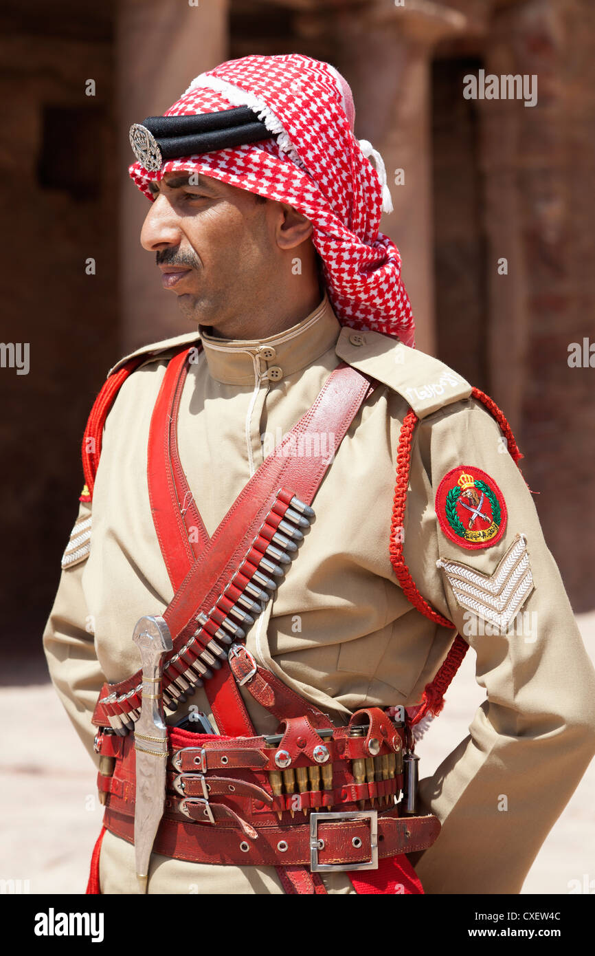 Bedouin police officer on guard at the ancient historic city of Petra, Jordan Stock Photo