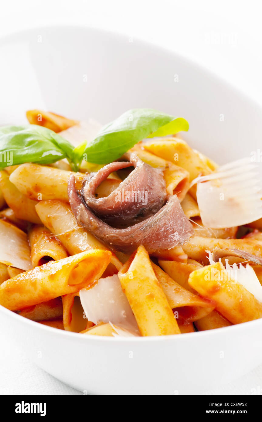 Pasta with tomato sauce and anchovy Stock Photo Alamy