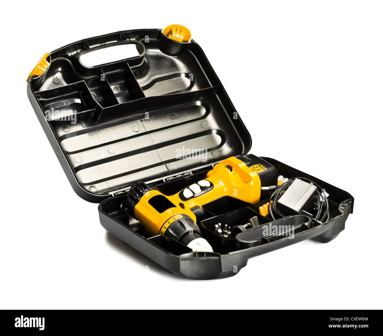 toolbox with yellow drill set Stock Photo Alamy