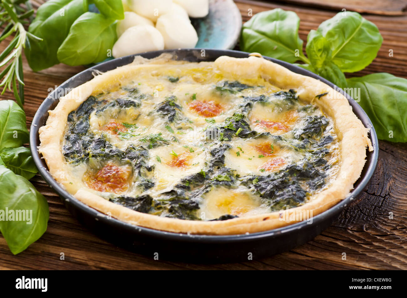 Quiche with mozzarella and spinach Stock Photo - Alamy