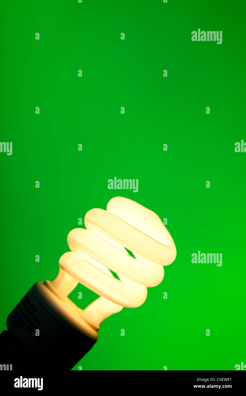 Lighted florescent light bulb on a green background Stock Photo - Alamy