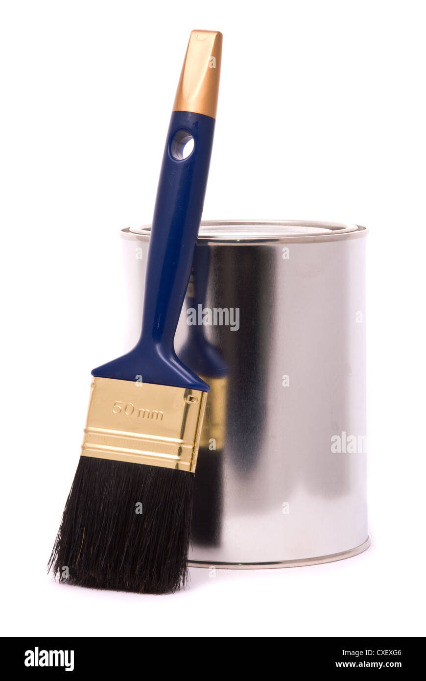 Can of paint and professional brush on a white. Stock Photo