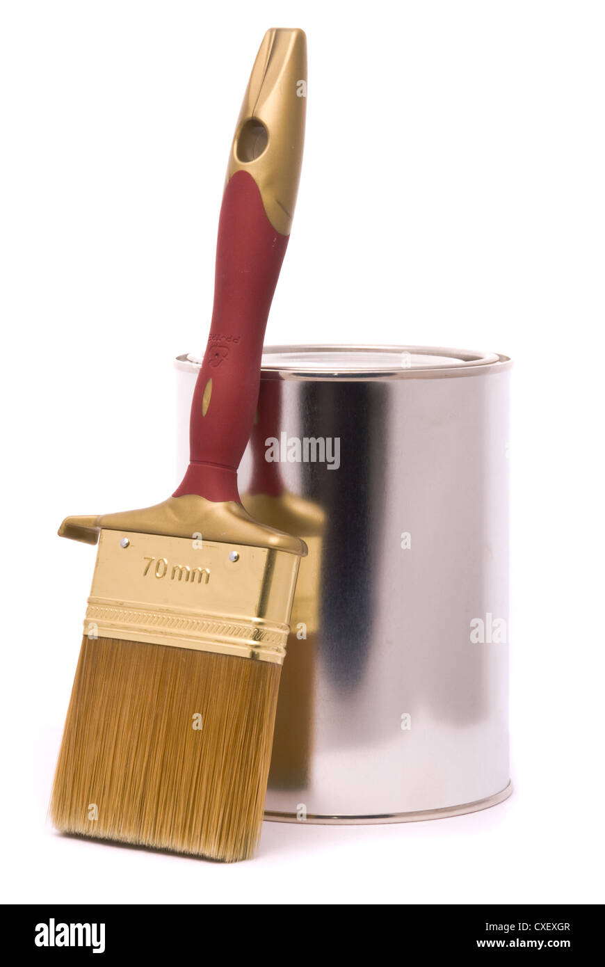 Can of paint and professional brush on a white. Stock Photo