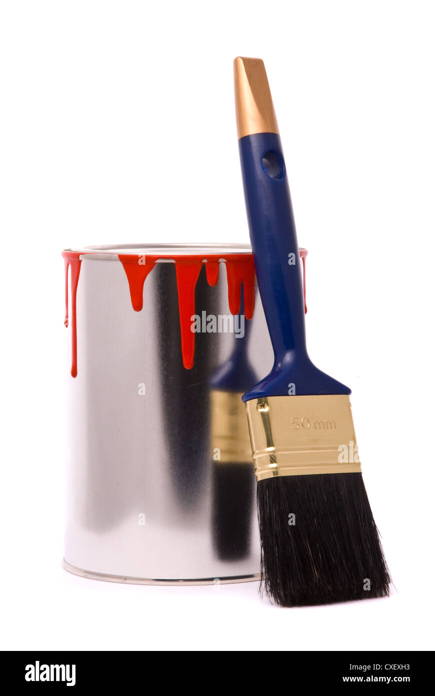 Can of red paint and professional brush on a white Stock Photo Alamy