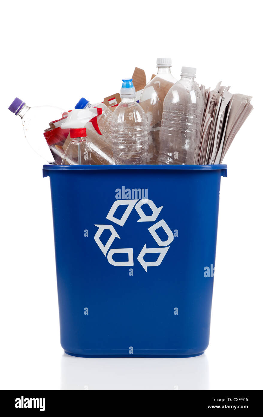 Blue recycle bin with plastic bottles and newspapers on a white background Stock Photo
