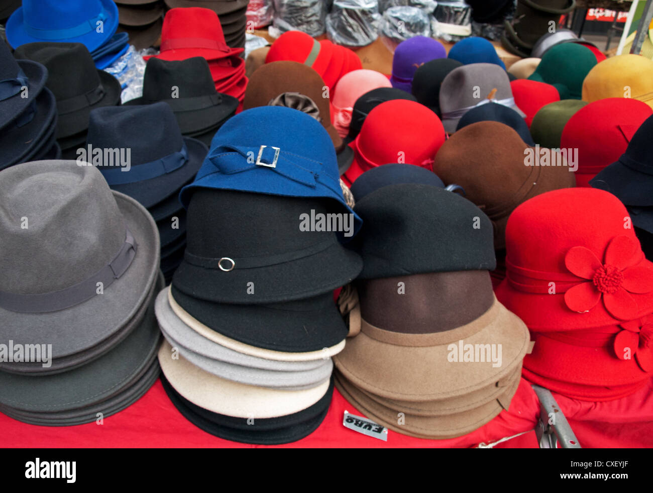 Display of fashionable hats at Old Spitalfields Market, London Borough