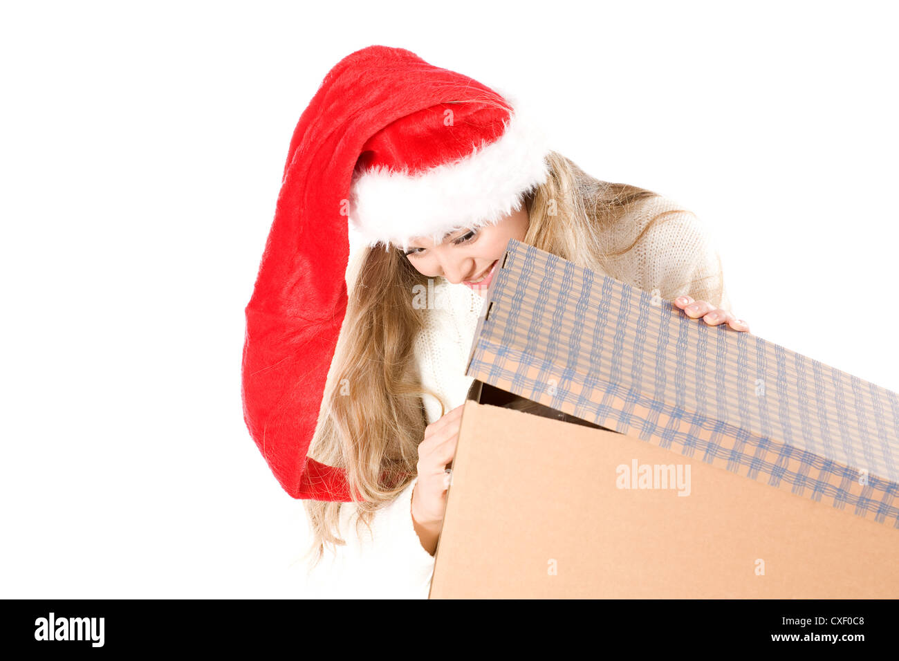 Attractive girl in Santa  hat with fancy box Stock Photo