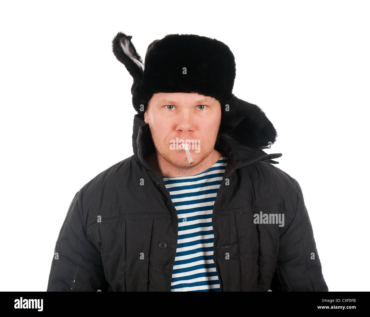 Russian man in winter fur cap  ,red-neck. Stock Photo