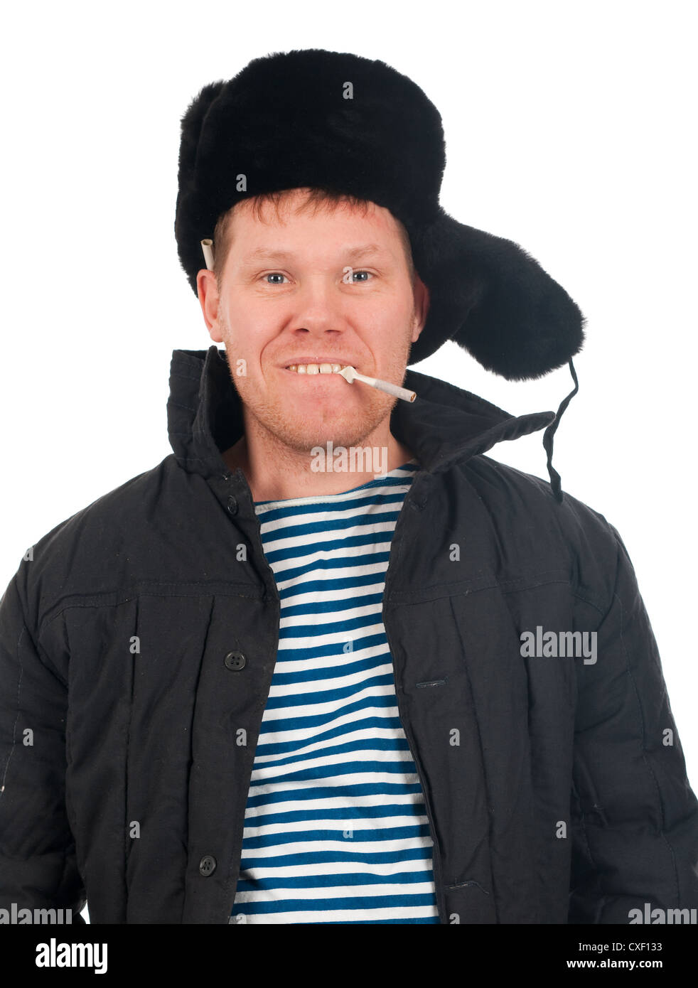 Russian man in winter fur cap Stock Photo