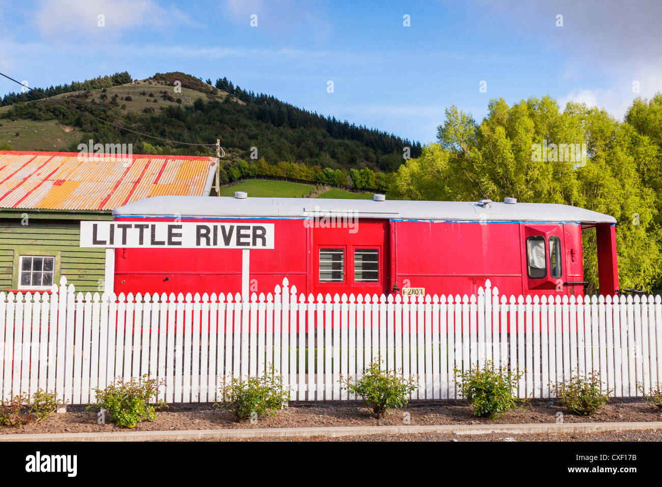 Old railway carriage Little River Canterbury New Zealand Stock Photo