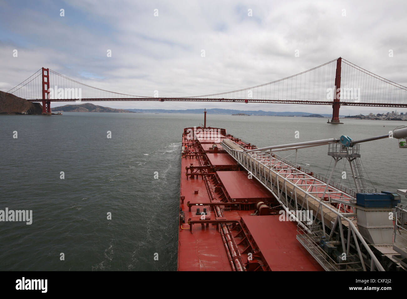 Golden Gate Bridge and freight ship Stock Photo