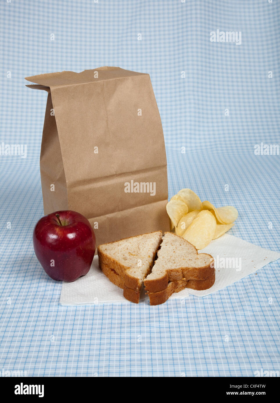 Sack lunch with apple, sandwich and chips on a blue gingham tablecloth