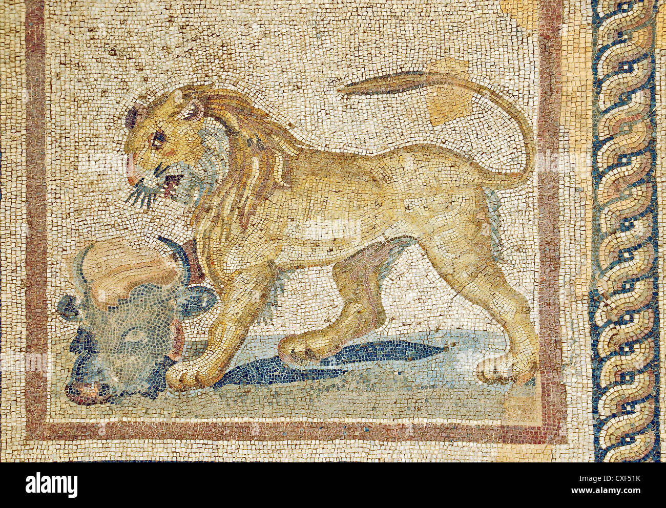 Roman mosaic of a Lion with bulls head inside the Roman Terraced Houses, UNESCO World Heritage Archaeological Site, Ephesus Stock Photo
