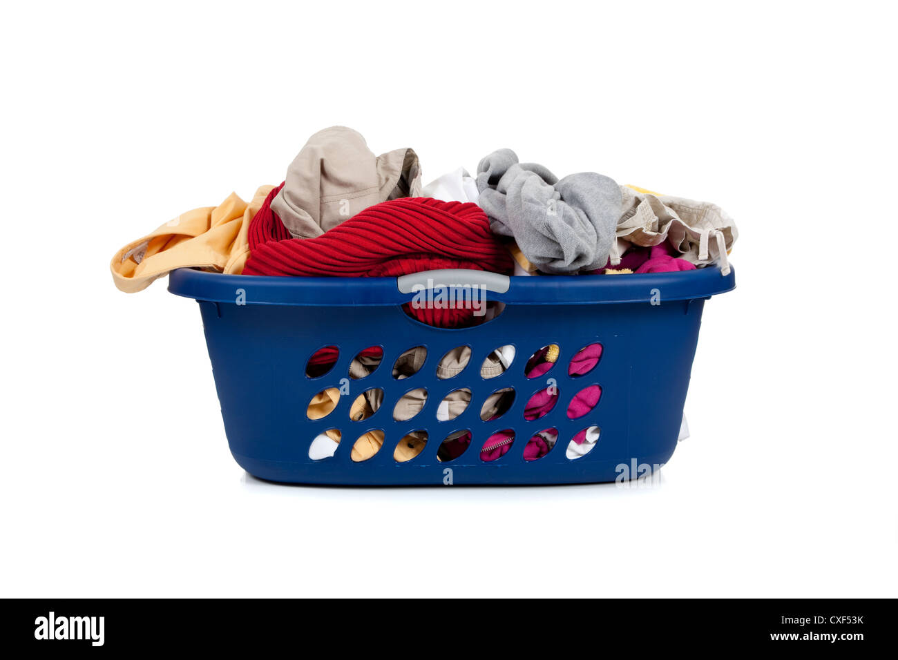 Blue laundry basket full of dirty clothes Stock Photo  Alamy