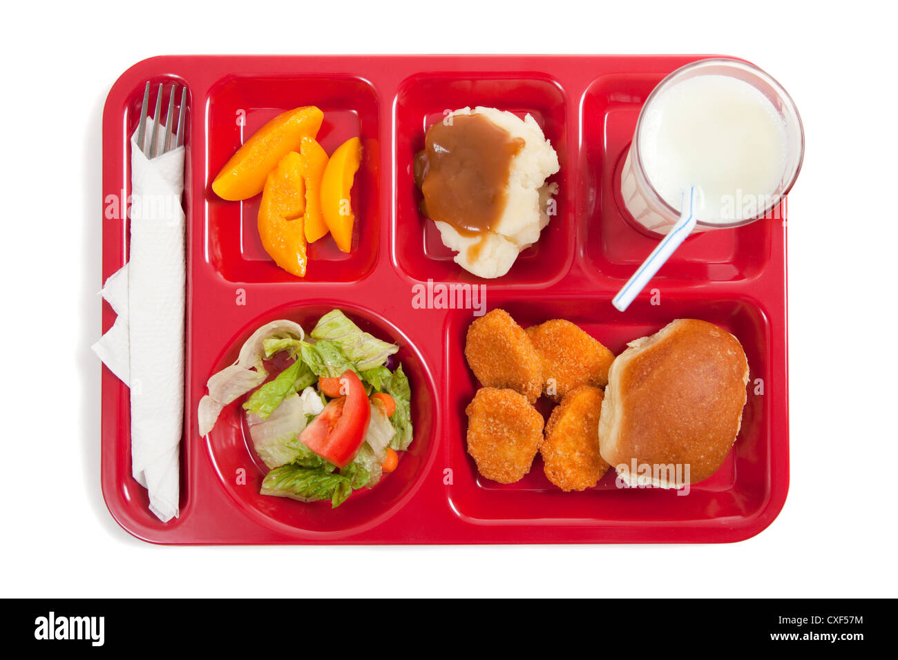 School lunch on a red tray Stock Photo