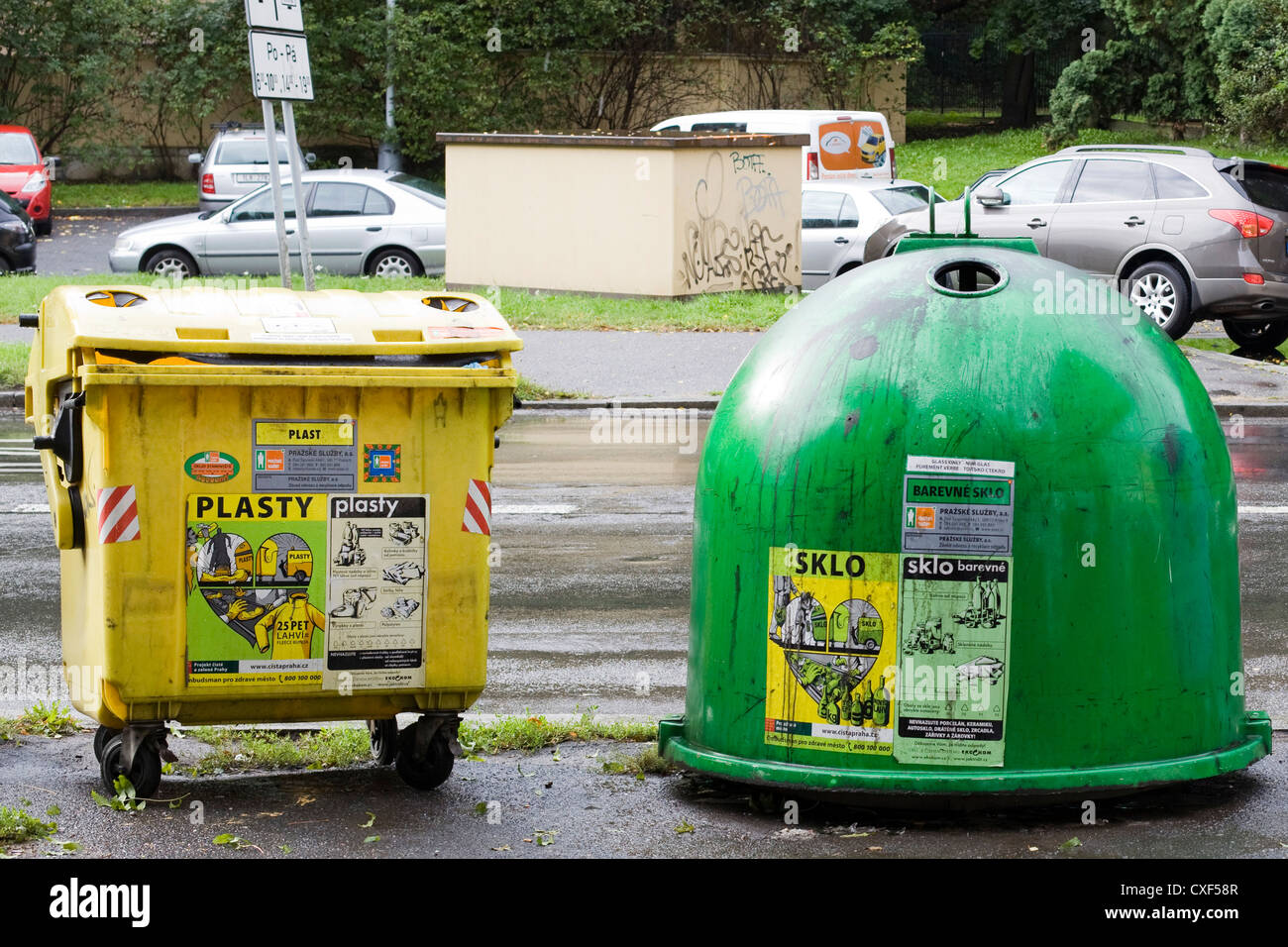 Recycling Bins to reduce rubbish and recycle Materials in Prague Stock
