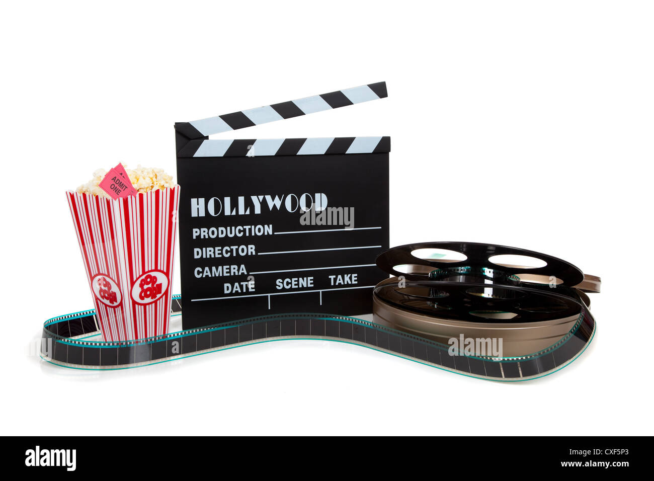 Movie popcorn and tickets with reel of film and Hollywood