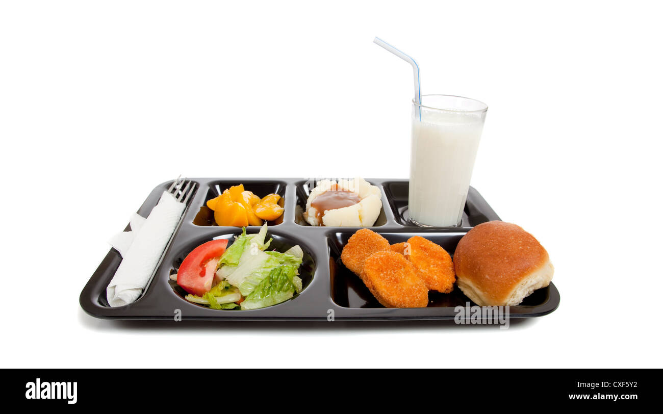 School lunch on a black tray Stock Photo