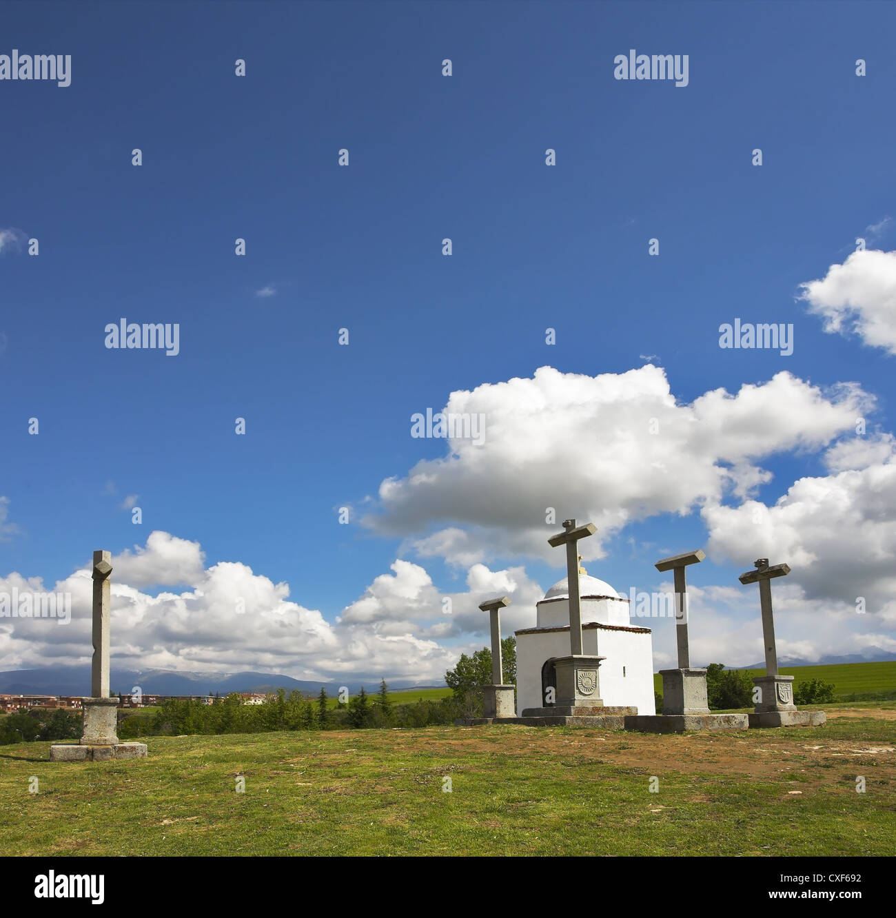 Glade with a chapel and memorable crosses Stock Photo