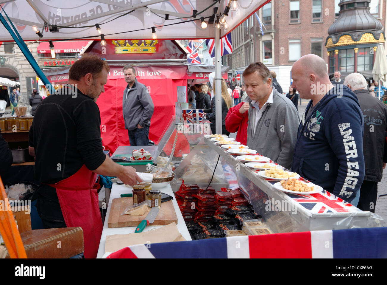 Best of British selling British foods such as chutney and cheese at Gammeltorv on the pedestrian street Stroeget in Copenhagen Stock Photo