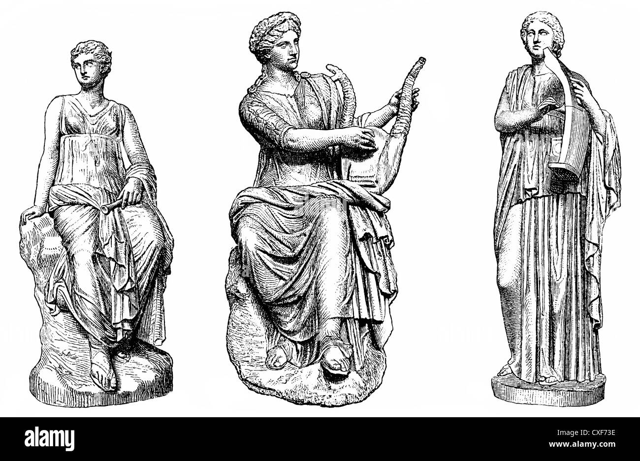 ancient Greek deities, from left: Euterpe, the muse of music, Erato, the muse of lyric poetry and Terpsichore, the muse of dance Stock Photo