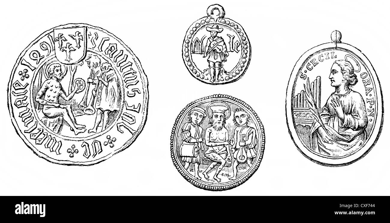 seals of musical co-operatives in Belgium, 15th Century, Stock Photo