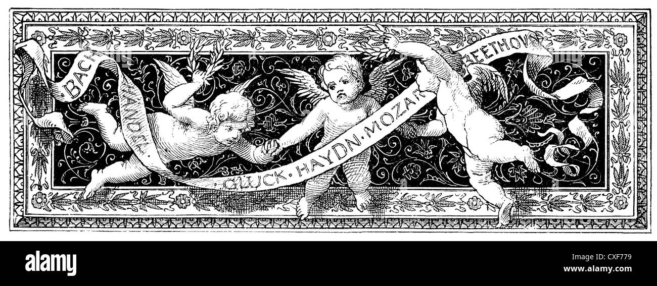 decorative banner with putti and a ribbon with the names of